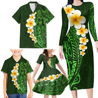 Green Polynesia Family Matching Long Sleeve Bodycon Dress and Hawaiian Shirt Plumeria Tropical Leaves With Galaxy Polynesian Art - Wonder Print Shop