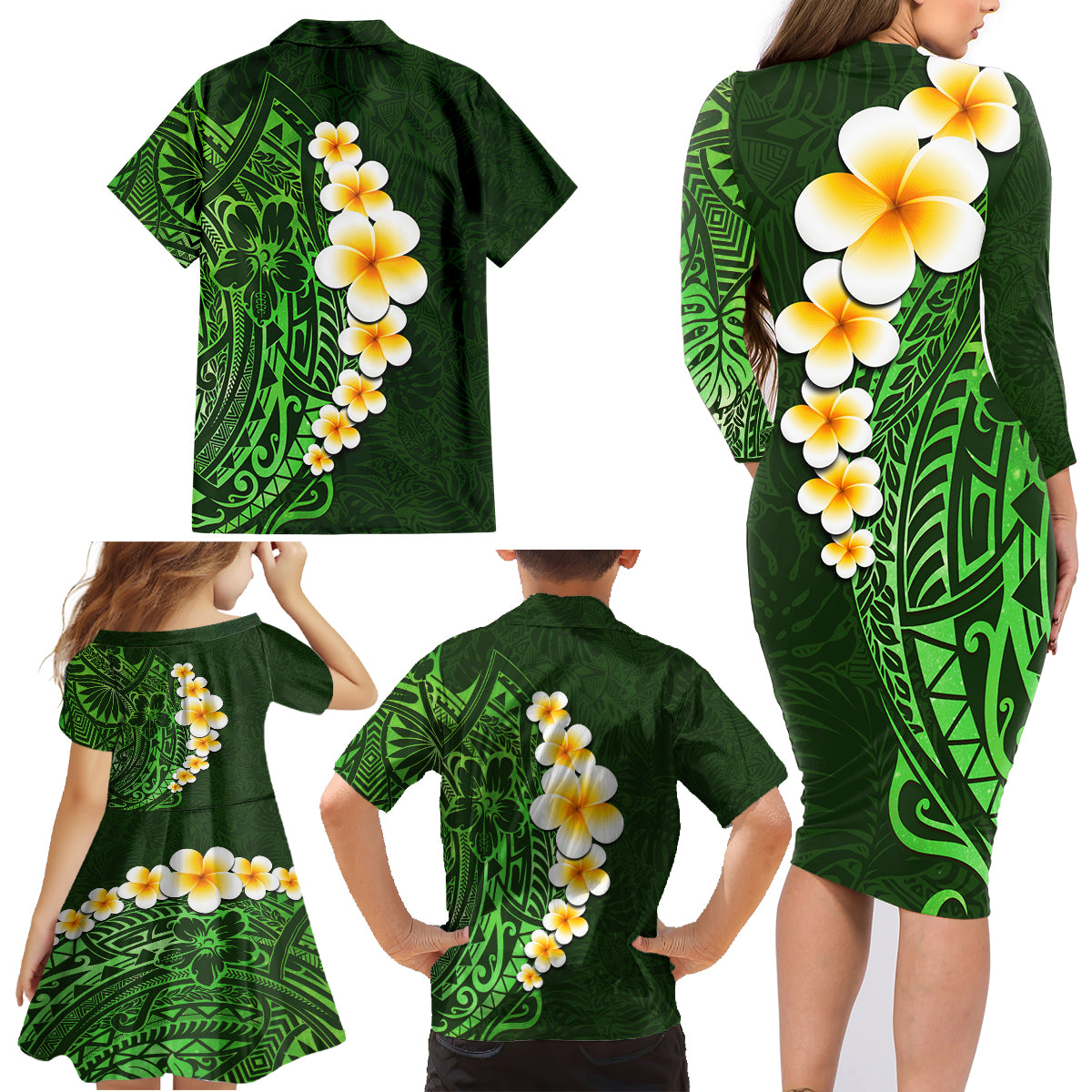 Green Polynesia Family Matching Long Sleeve Bodycon Dress and Hawaiian Shirt Plumeria Tropical Leaves With Galaxy Polynesian Art - Wonder Print Shop