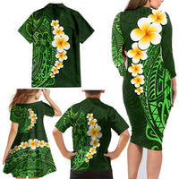 Green Polynesia Family Matching Long Sleeve Bodycon Dress and Hawaiian Shirt Plumeria Tropical Leaves With Galaxy Polynesian Art - Wonder Print Shop