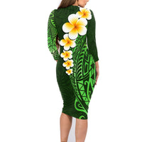Green Polynesia Family Matching Long Sleeve Bodycon Dress and Hawaiian Shirt Plumeria Tropical Leaves With Galaxy Polynesian Art - Wonder Print Shop