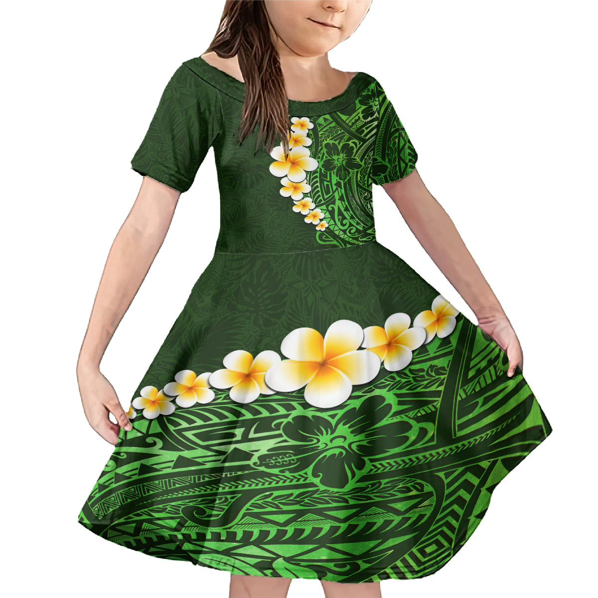 Green Polynesia Family Matching Mermaid Dress and Hawaiian Shirt Plumeria Tropical Leaves With Galaxy Polynesian Art - Wonder Print Shop