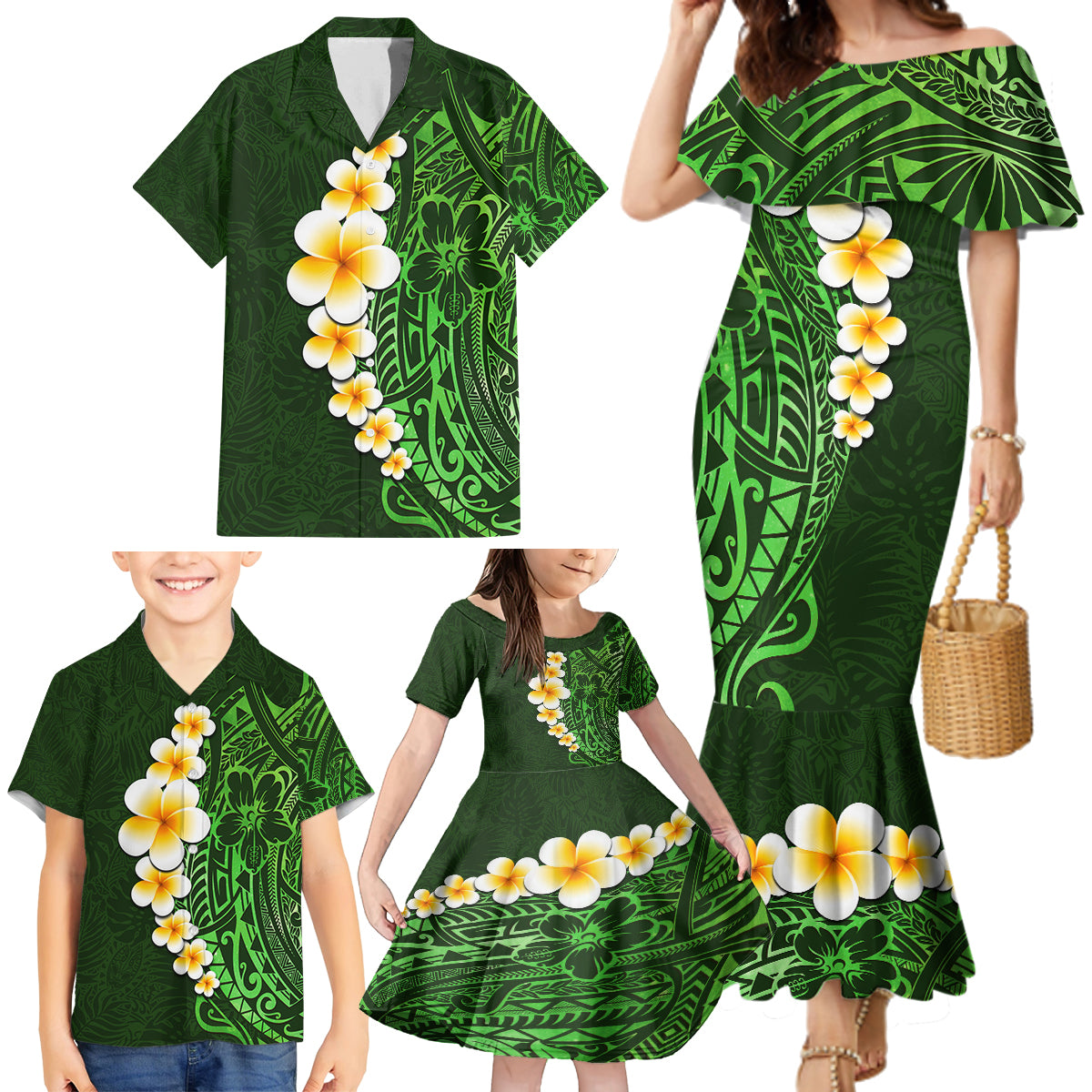 Green Polynesia Family Matching Mermaid Dress and Hawaiian Shirt Plumeria Tropical Leaves With Galaxy Polynesian Art - Wonder Print Shop