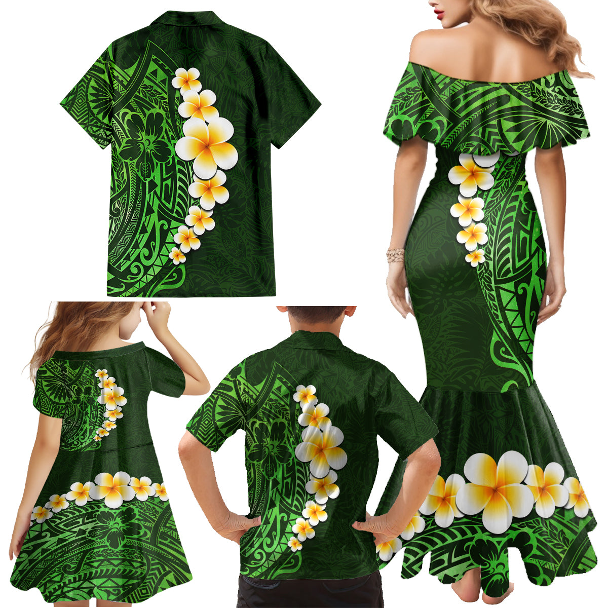 Green Polynesia Family Matching Mermaid Dress and Hawaiian Shirt Plumeria Tropical Leaves With Galaxy Polynesian Art - Wonder Print Shop