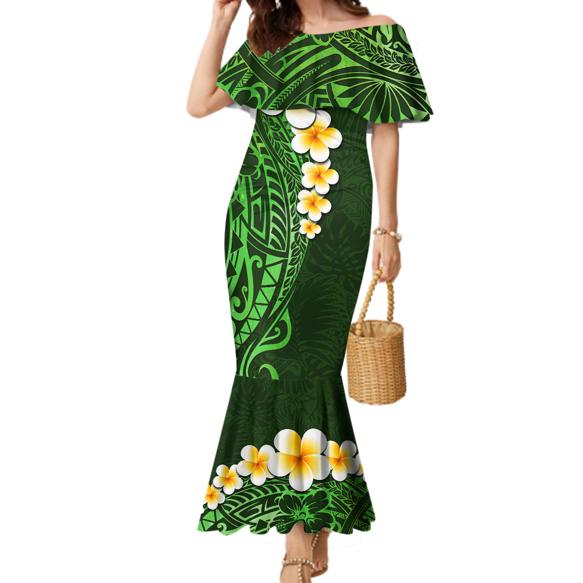 Green Polynesia Family Matching Mermaid Dress and Hawaiian Shirt Plumeria Tropical Leaves With Galaxy Polynesian Art - Wonder Print Shop