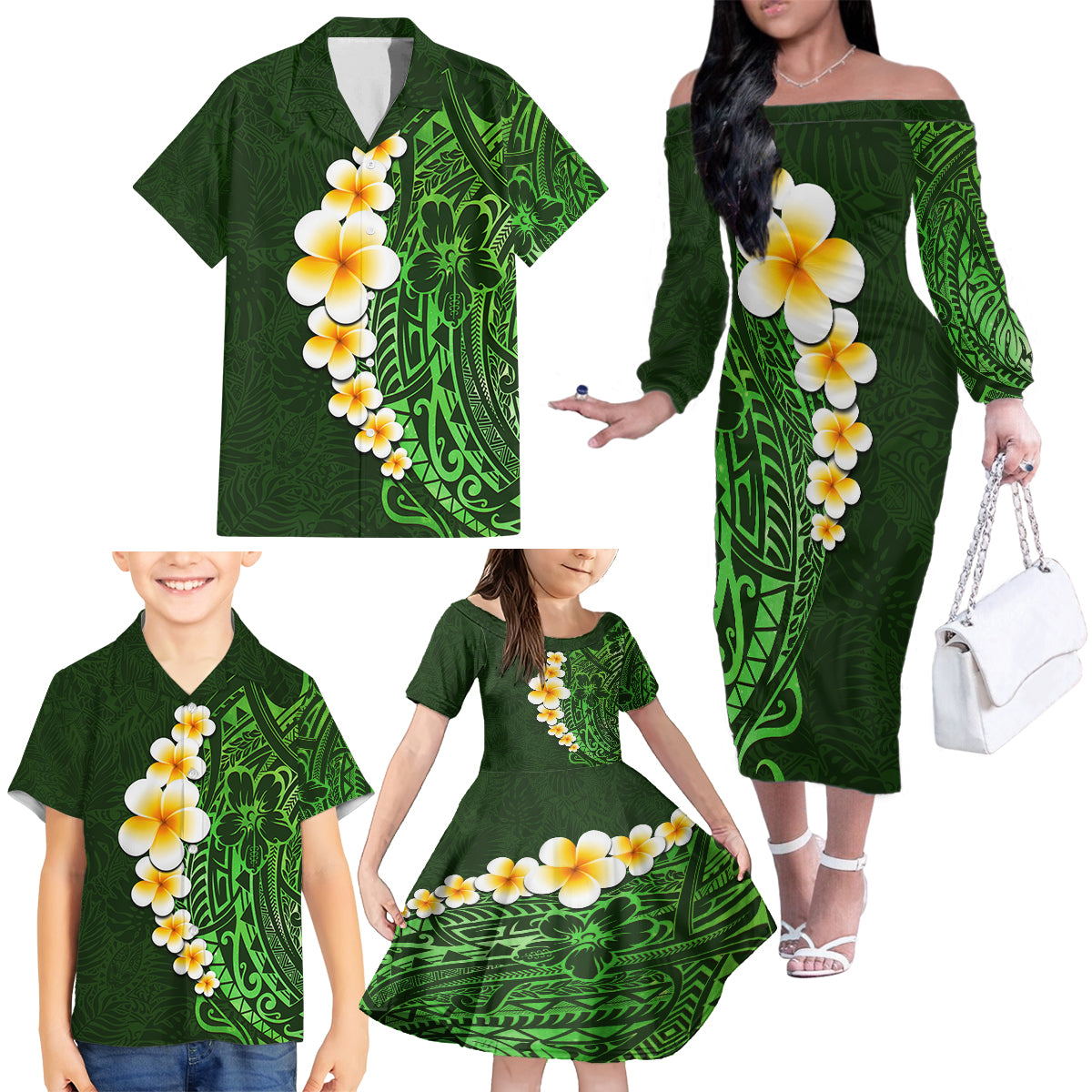 Green Polynesia Family Matching Off Shoulder Long Sleeve Dress and Hawaiian Shirt Plumeria Tropical Leaves With Galaxy Polynesian Art - Wonder Print Shop