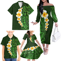 Green Polynesia Family Matching Off Shoulder Long Sleeve Dress and Hawaiian Shirt Plumeria Tropical Leaves With Galaxy Polynesian Art - Wonder Print Shop