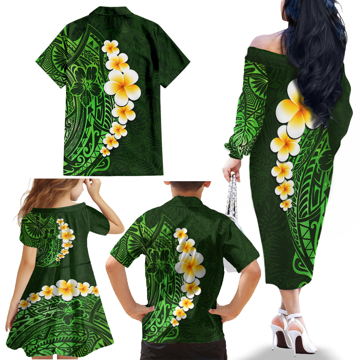 Green Polynesia Family Matching Off Shoulder Long Sleeve Dress and Hawaiian Shirt Plumeria Tropical Leaves With Galaxy Polynesian Art - Wonder Print Shop