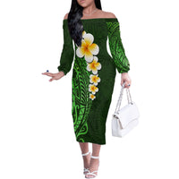 Green Polynesia Family Matching Off Shoulder Long Sleeve Dress and Hawaiian Shirt Plumeria Tropical Leaves With Galaxy Polynesian Art - Wonder Print Shop