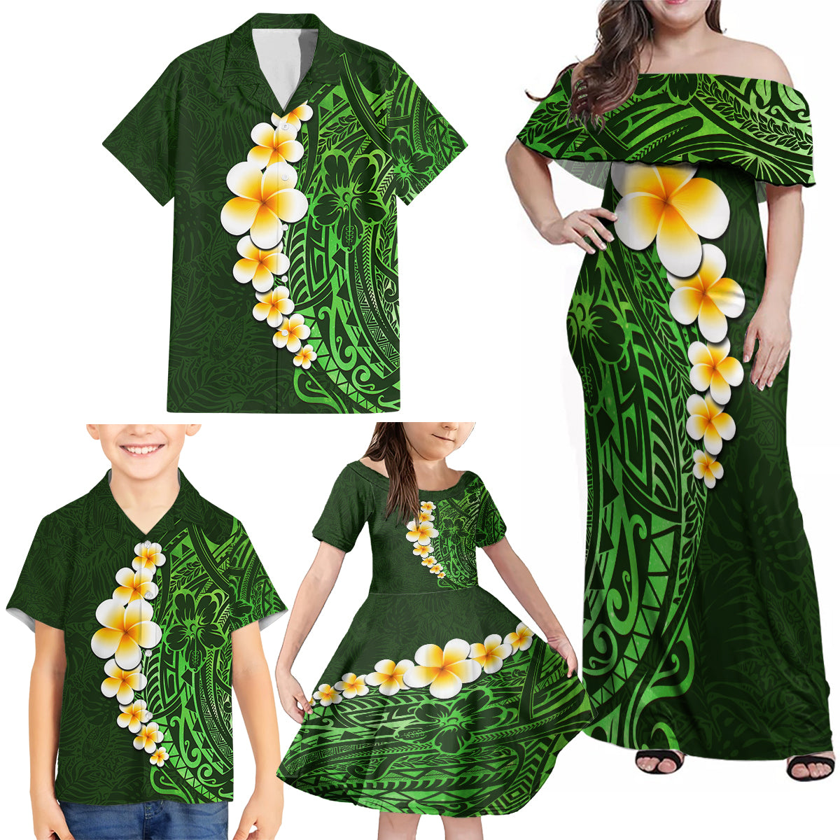 Green Polynesia Family Matching Off Shoulder Maxi Dress and Hawaiian Shirt Plumeria Tropical Leaves With Galaxy Polynesian Art - Wonder Print Shop