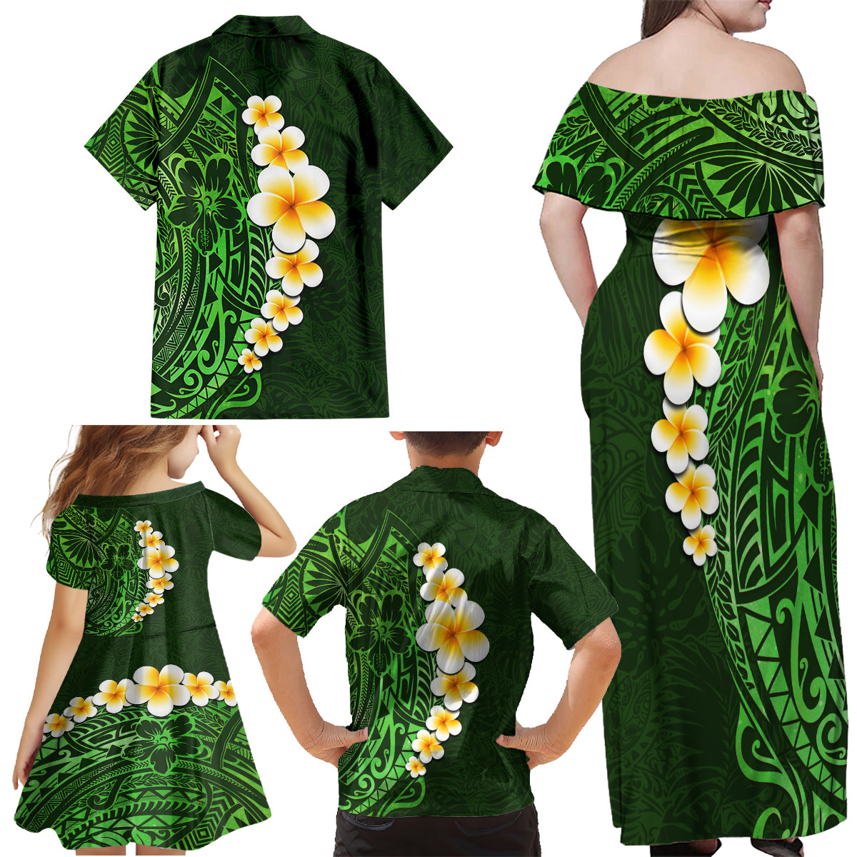 Green Polynesia Family Matching Off Shoulder Maxi Dress and Hawaiian Shirt Plumeria Tropical Leaves With Galaxy Polynesian Art - Wonder Print Shop