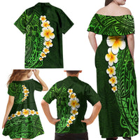 Green Polynesia Family Matching Off Shoulder Maxi Dress and Hawaiian Shirt Plumeria Tropical Leaves With Galaxy Polynesian Art - Wonder Print Shop