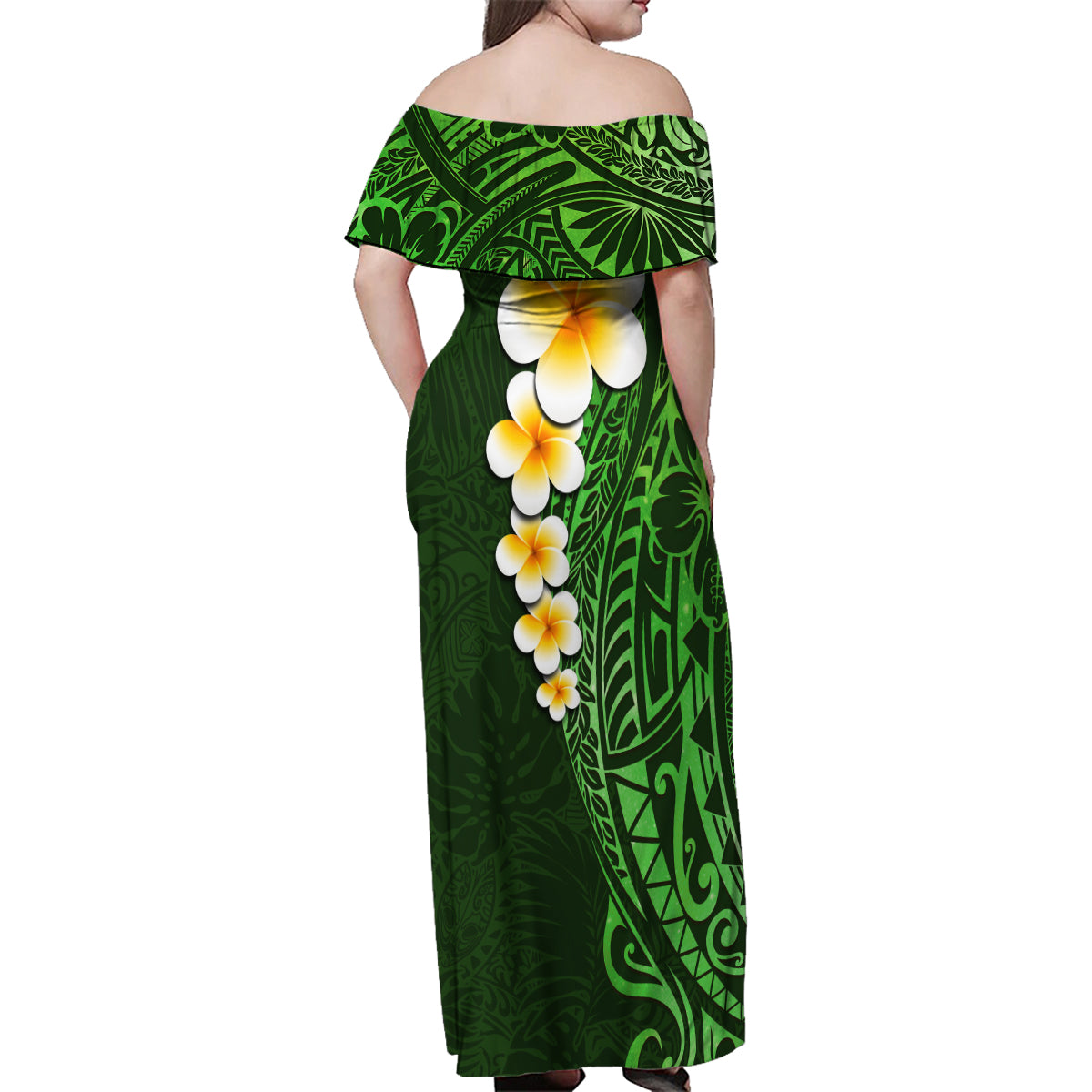Green Polynesia Family Matching Off Shoulder Maxi Dress and Hawaiian Shirt Plumeria Tropical Leaves With Galaxy Polynesian Art - Wonder Print Shop