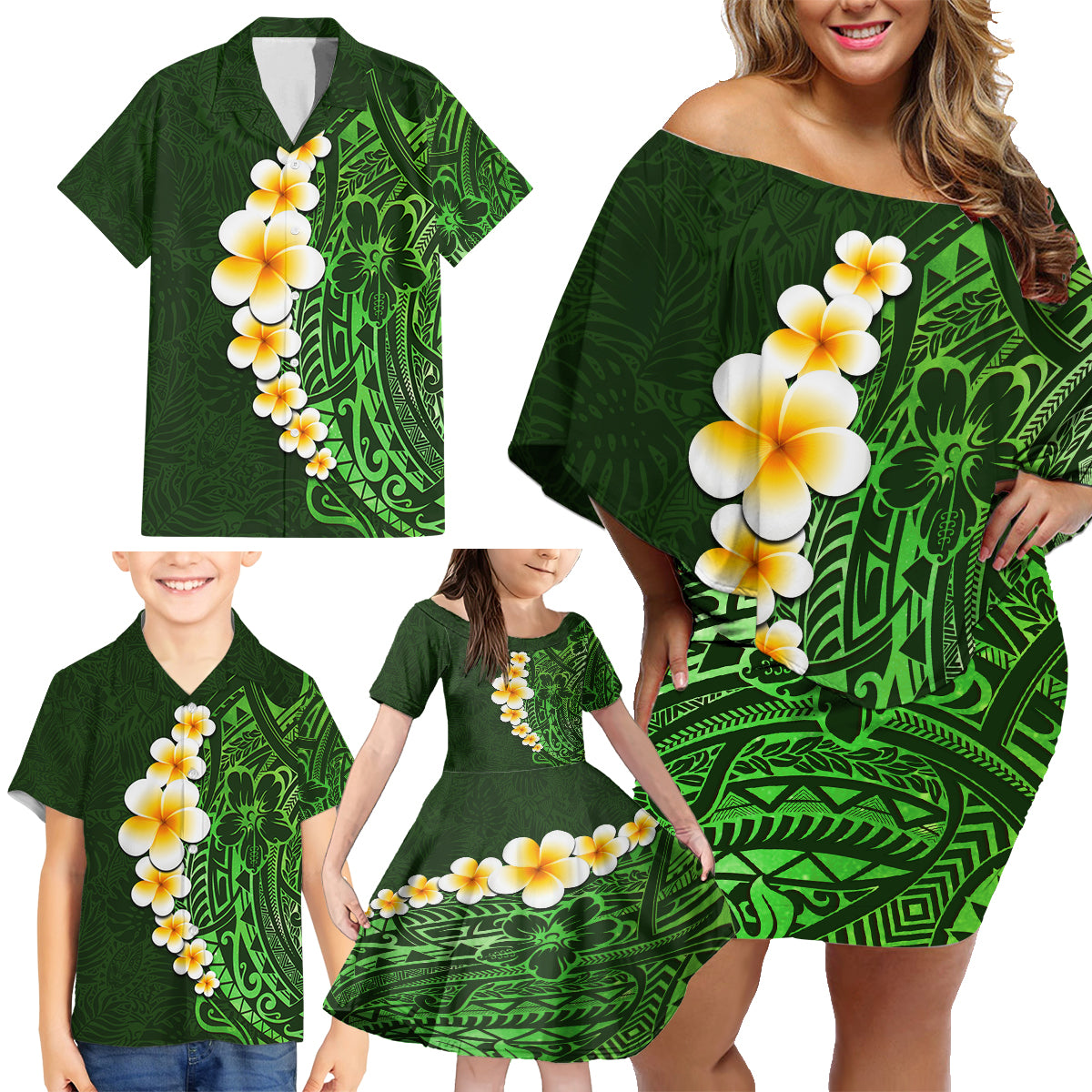 Green Polynesia Family Matching Off Shoulder Short Dress and Hawaiian Shirt Plumeria Tropical Leaves With Galaxy Polynesian Art - Wonder Print Shop