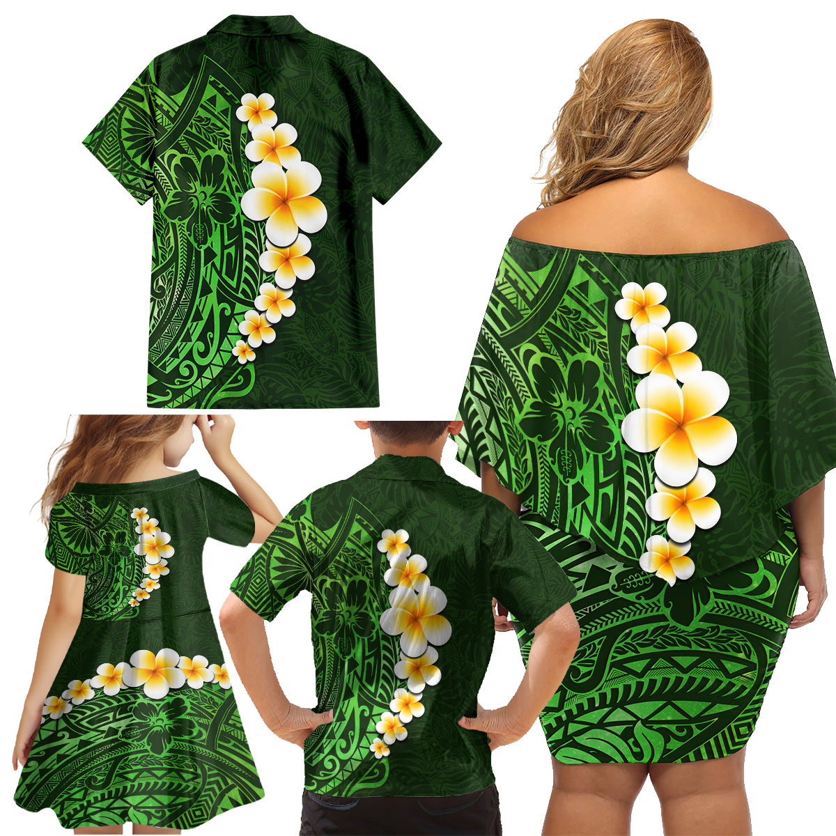 Green Polynesia Family Matching Off Shoulder Short Dress and Hawaiian Shirt Plumeria Tropical Leaves With Galaxy Polynesian Art - Wonder Print Shop