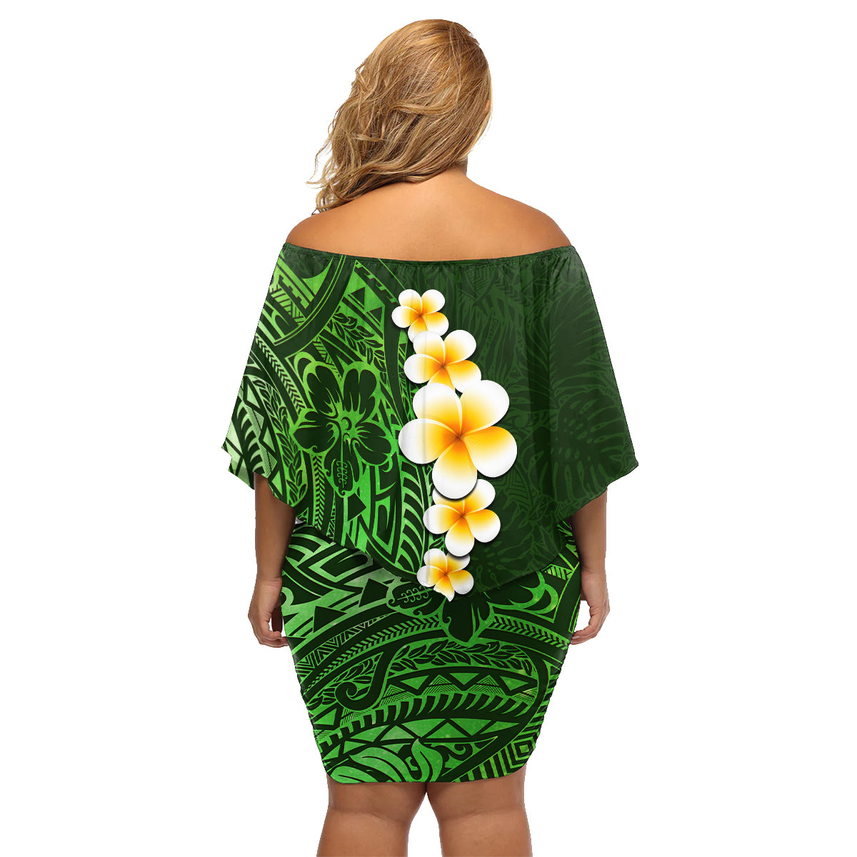 Green Polynesia Family Matching Off Shoulder Short Dress and Hawaiian Shirt Plumeria Tropical Leaves With Galaxy Polynesian Art - Wonder Print Shop