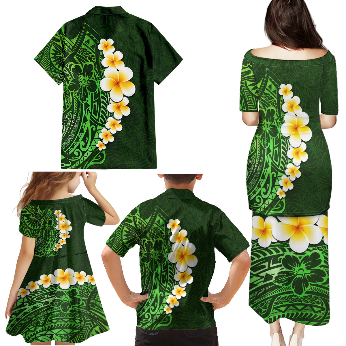 Green Polynesia Family Matching Puletasi Dress and Hawaiian Shirt Plumeria Tropical Leaves With Galaxy Polynesian Art - Wonder Print Shop