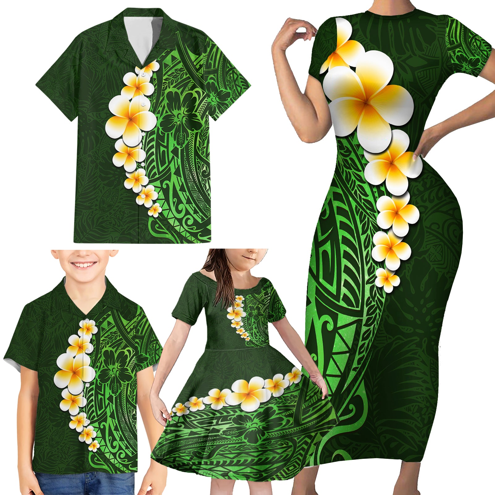 Green Polynesia Family Matching Short Sleeve Bodycon Dress and Hawaiian Shirt Plumeria Tropical Leaves With Galaxy Polynesian Art - Wonder Print Shop
