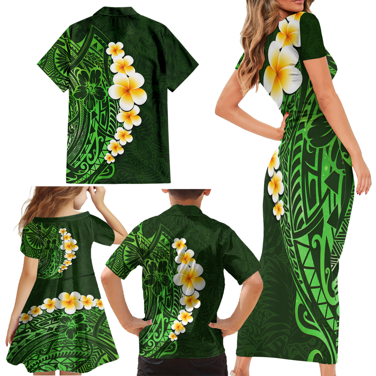 Green Polynesia Family Matching Short Sleeve Bodycon Dress and Hawaiian Shirt Plumeria Tropical Leaves With Galaxy Polynesian Art - Wonder Print Shop