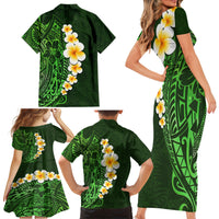 Green Polynesia Family Matching Short Sleeve Bodycon Dress and Hawaiian Shirt Plumeria Tropical Leaves With Galaxy Polynesian Art - Wonder Print Shop