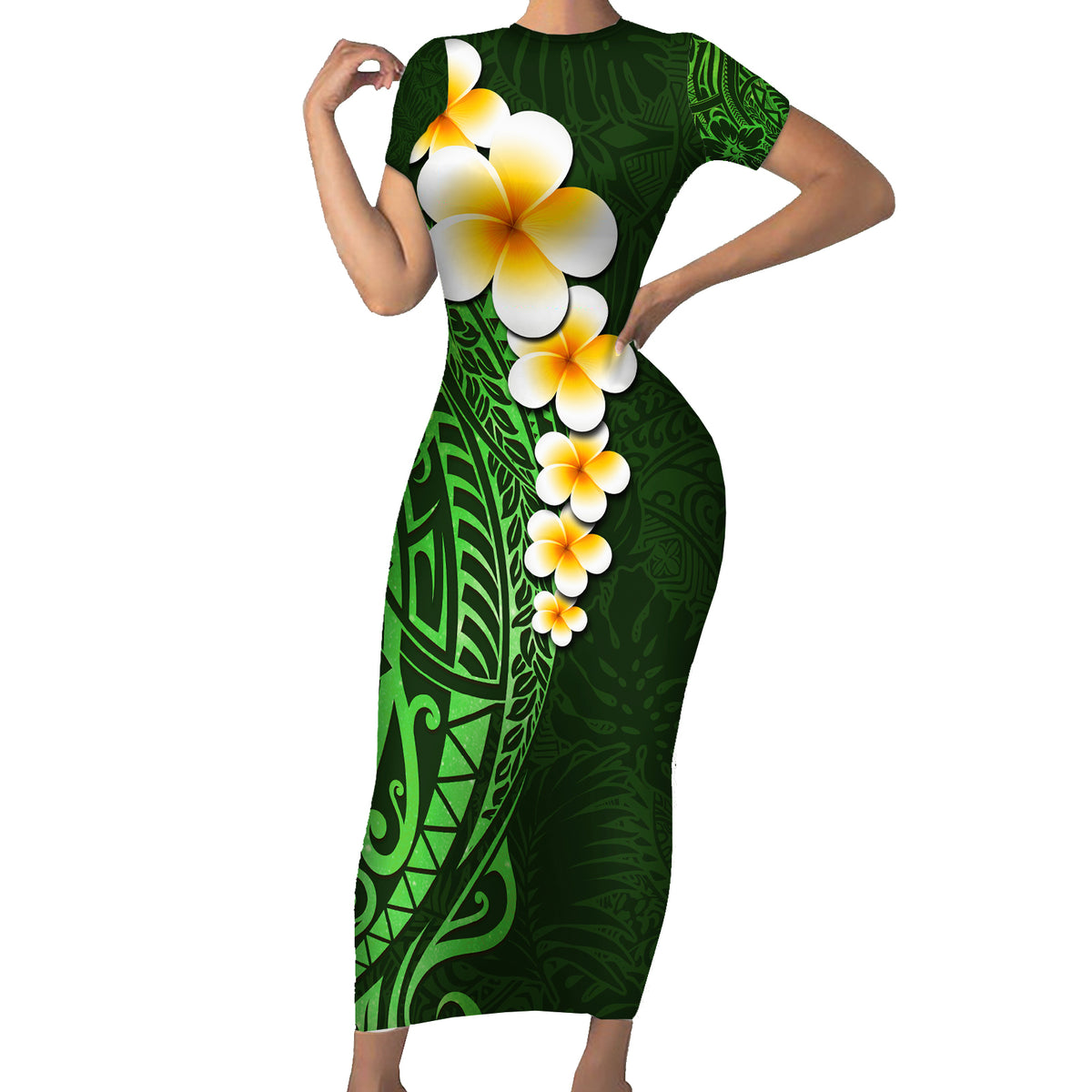 Green Polynesia Family Matching Short Sleeve Bodycon Dress and Hawaiian Shirt Plumeria Tropical Leaves With Galaxy Polynesian Art - Wonder Print Shop