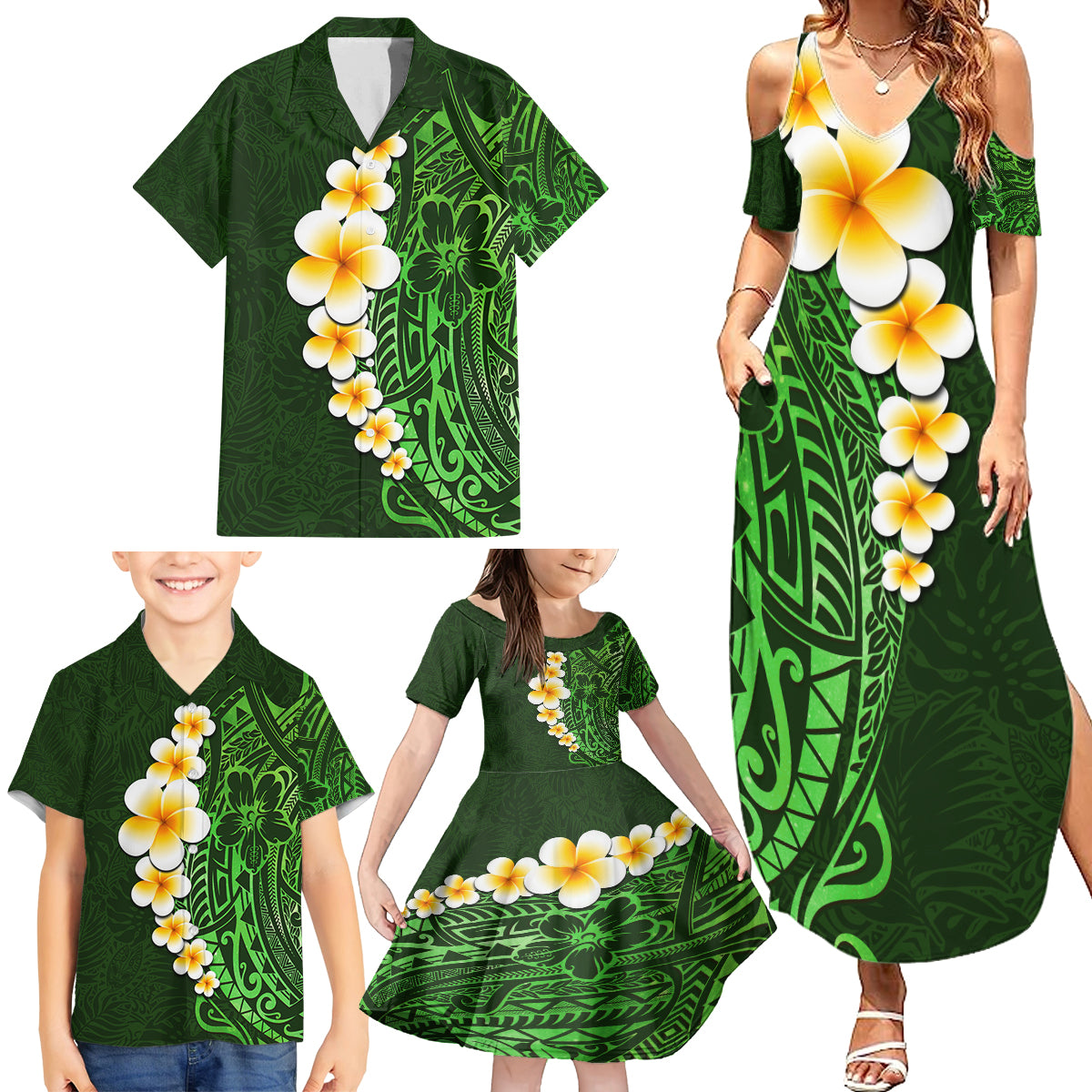 Green Polynesia Family Matching Summer Maxi Dress and Hawaiian Shirt Plumeria Tropical Leaves With Galaxy Polynesian Art - Wonder Print Shop