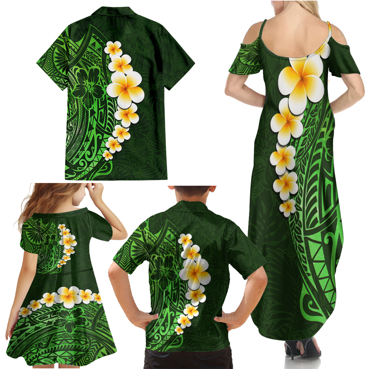 Green Polynesia Family Matching Summer Maxi Dress and Hawaiian Shirt Plumeria Tropical Leaves With Galaxy Polynesian Art - Wonder Print Shop