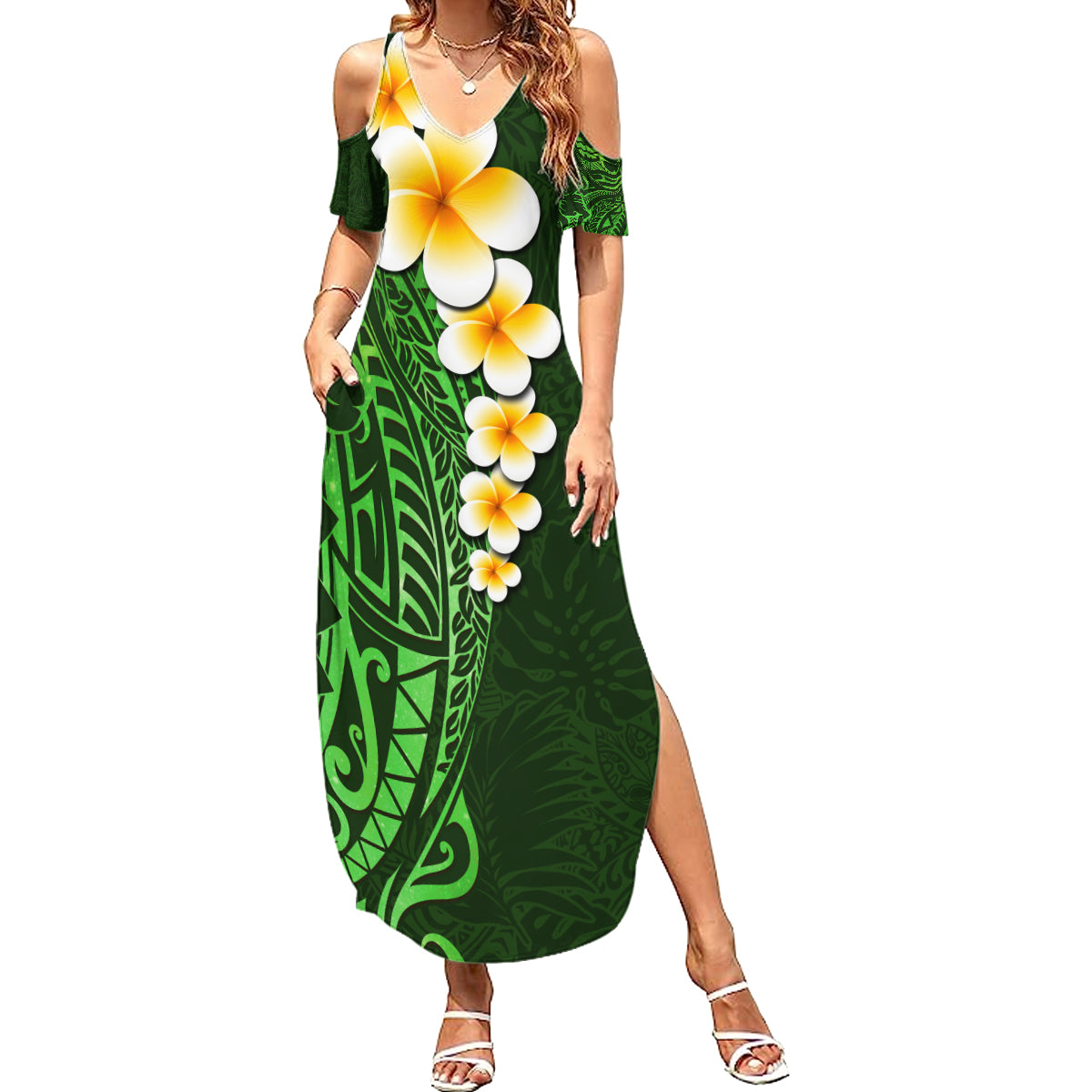 Green Polynesia Family Matching Summer Maxi Dress and Hawaiian Shirt Plumeria Tropical Leaves With Galaxy Polynesian Art - Wonder Print Shop