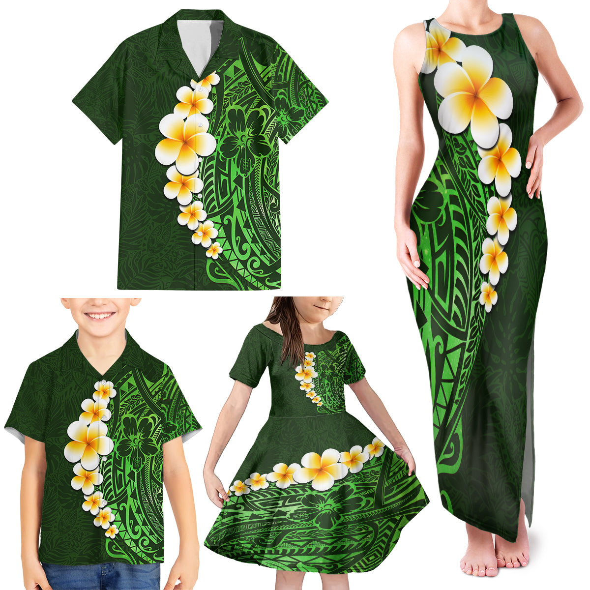 Green Polynesia Family Matching Tank Maxi Dress and Hawaiian Shirt Plumeria Tropical Leaves With Galaxy Polynesian Art - Wonder Print Shop