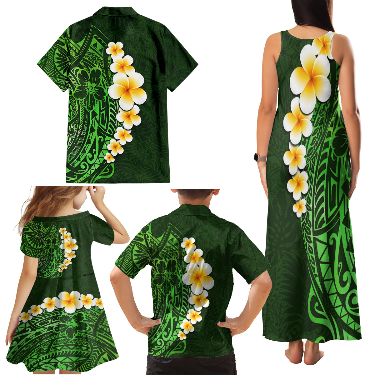 Green Polynesia Family Matching Tank Maxi Dress and Hawaiian Shirt Plumeria Tropical Leaves With Galaxy Polynesian Art - Wonder Print Shop