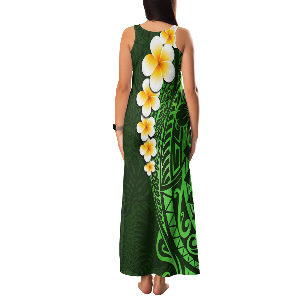 Green Polynesia Family Matching Tank Maxi Dress and Hawaiian Shirt Plumeria Tropical Leaves With Galaxy Polynesian Art - Wonder Print Shop
