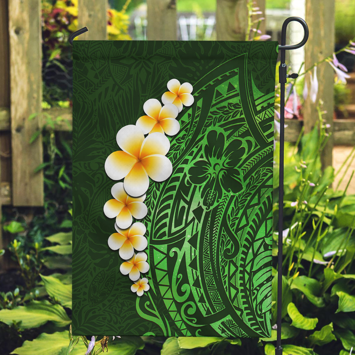 Green Polynesia Garden Flag Plumeria Tropical Leaves With Galaxy Polynesian Art - Wonder Print Shop