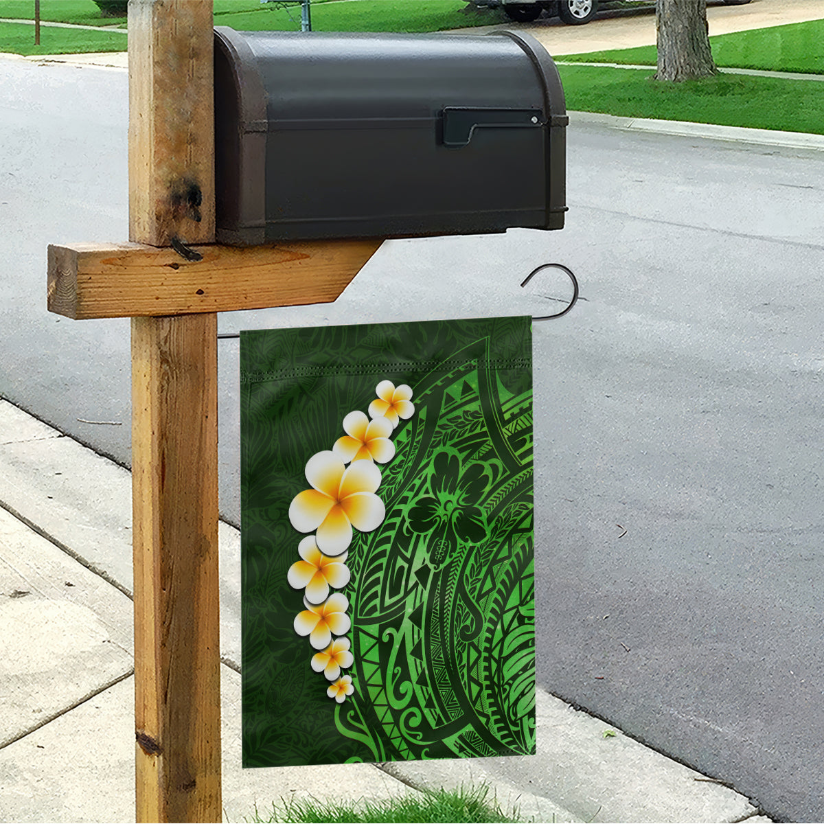 Green Polynesia Garden Flag Plumeria Tropical Leaves With Galaxy Polynesian Art - Wonder Print Shop