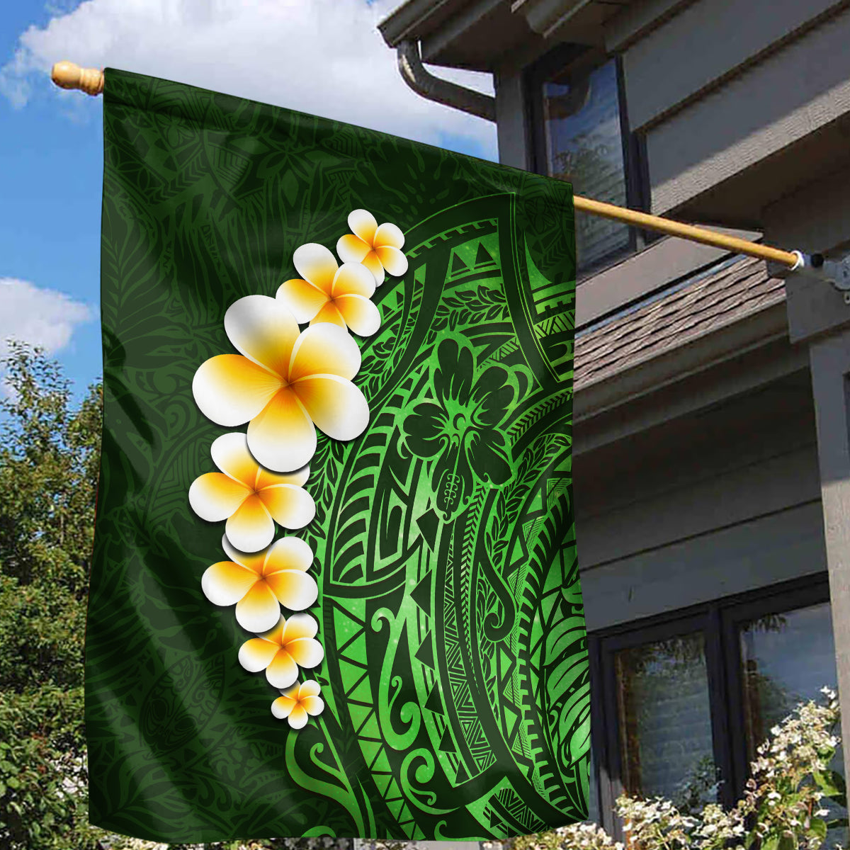 Green Polynesia Garden Flag Plumeria Tropical Leaves With Galaxy Polynesian Art - Wonder Print Shop