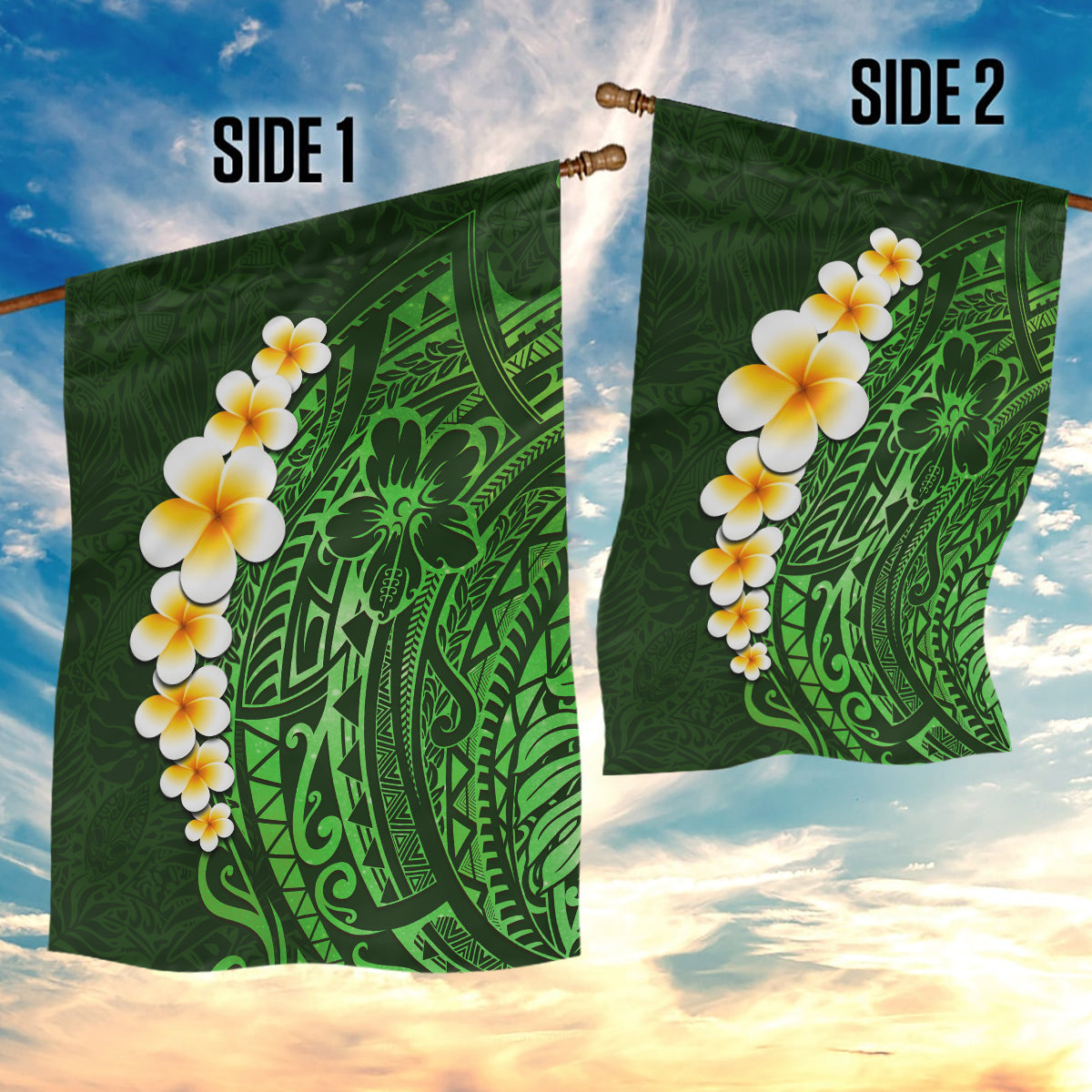 Green Polynesia Garden Flag Plumeria Tropical Leaves With Galaxy Polynesian Art - Wonder Print Shop
