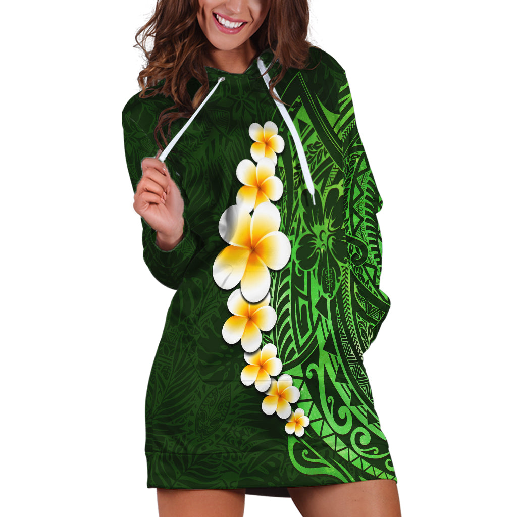 Green Polynesia Hoodie Dress Plumeria Tropical Leaves With Galaxy Polynesian Art - Wonder Print Shop