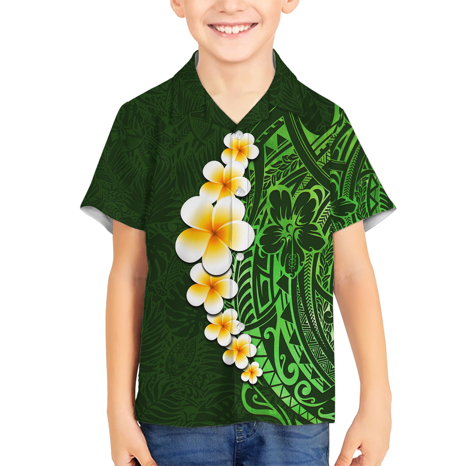 Green Polynesia Kid Hawaiian Shirt Plumeria Tropical Leaves With Galaxy Polynesian Art - Wonder Print Shop