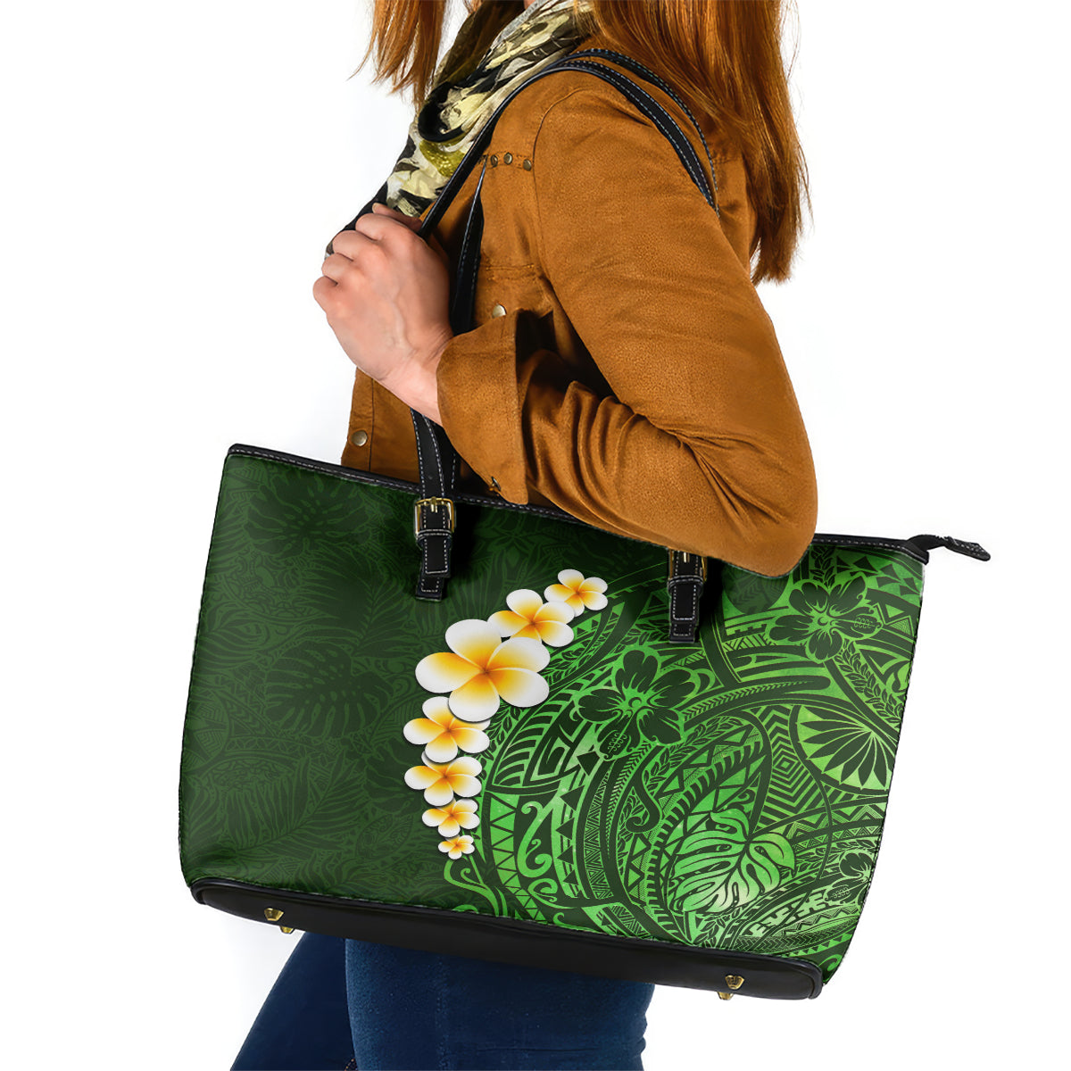 Green Polynesia Leather Tote Bag Plumeria Tropical Leaves With Galaxy Polynesian Art - Wonder Print Shop