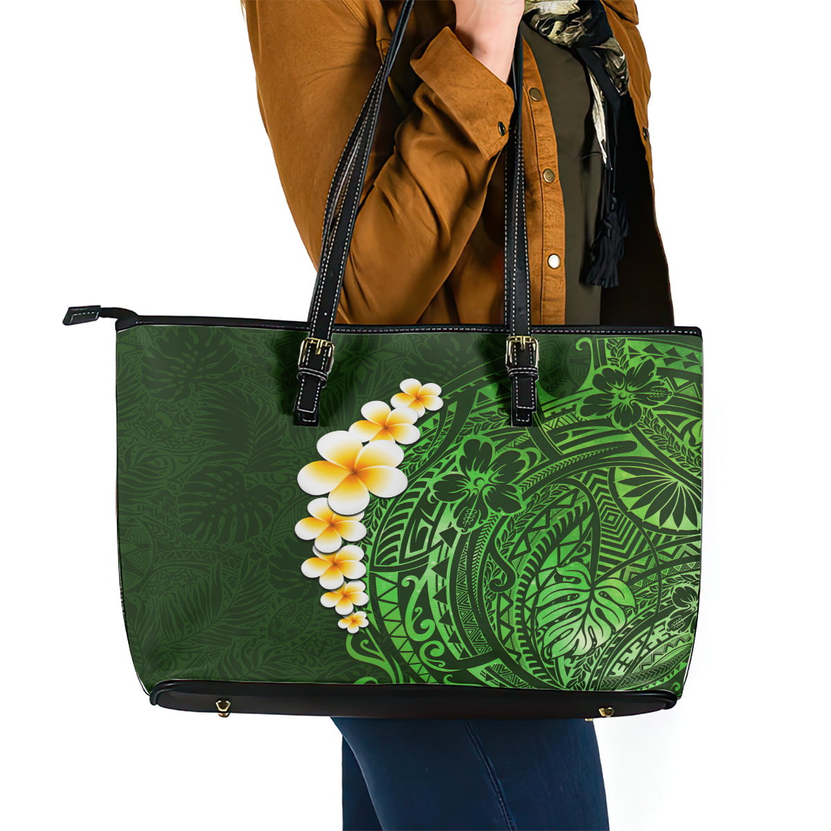 Green Polynesia Leather Tote Bag Plumeria Tropical Leaves With Galaxy Polynesian Art - Wonder Print Shop