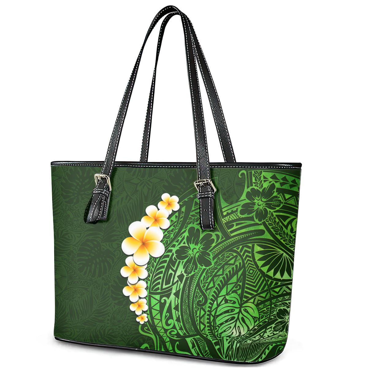 Green Polynesia Leather Tote Bag Plumeria Tropical Leaves With Galaxy Polynesian Art - Wonder Print Shop