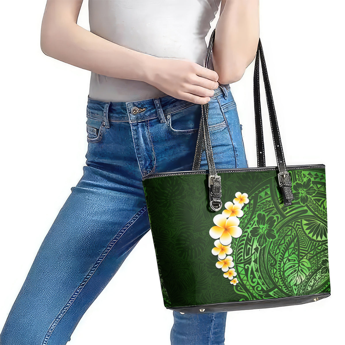Green Polynesia Leather Tote Bag Plumeria Tropical Leaves With Galaxy Polynesian Art - Wonder Print Shop