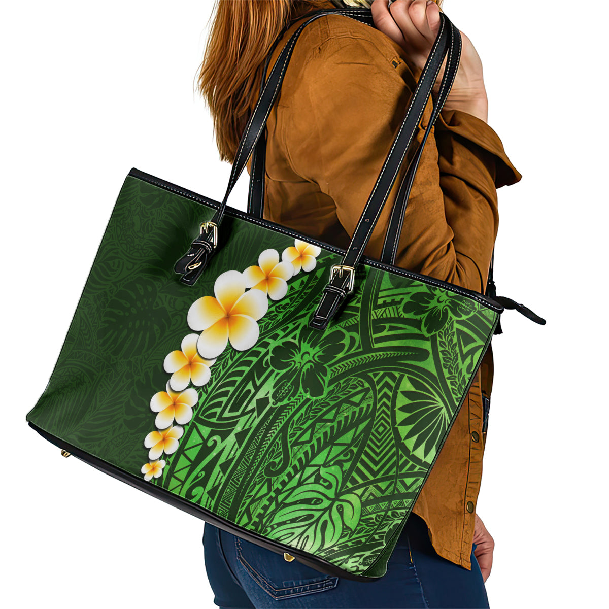 Green Polynesia Leather Tote Bag Plumeria Tropical Leaves With Galaxy Polynesian Art - Wonder Print Shop