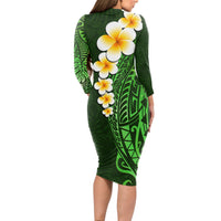 Green Polynesia Long Sleeve Bodycon Dress Plumeria Tropical Leaves With Galaxy Polynesian Art - Wonder Print Shop