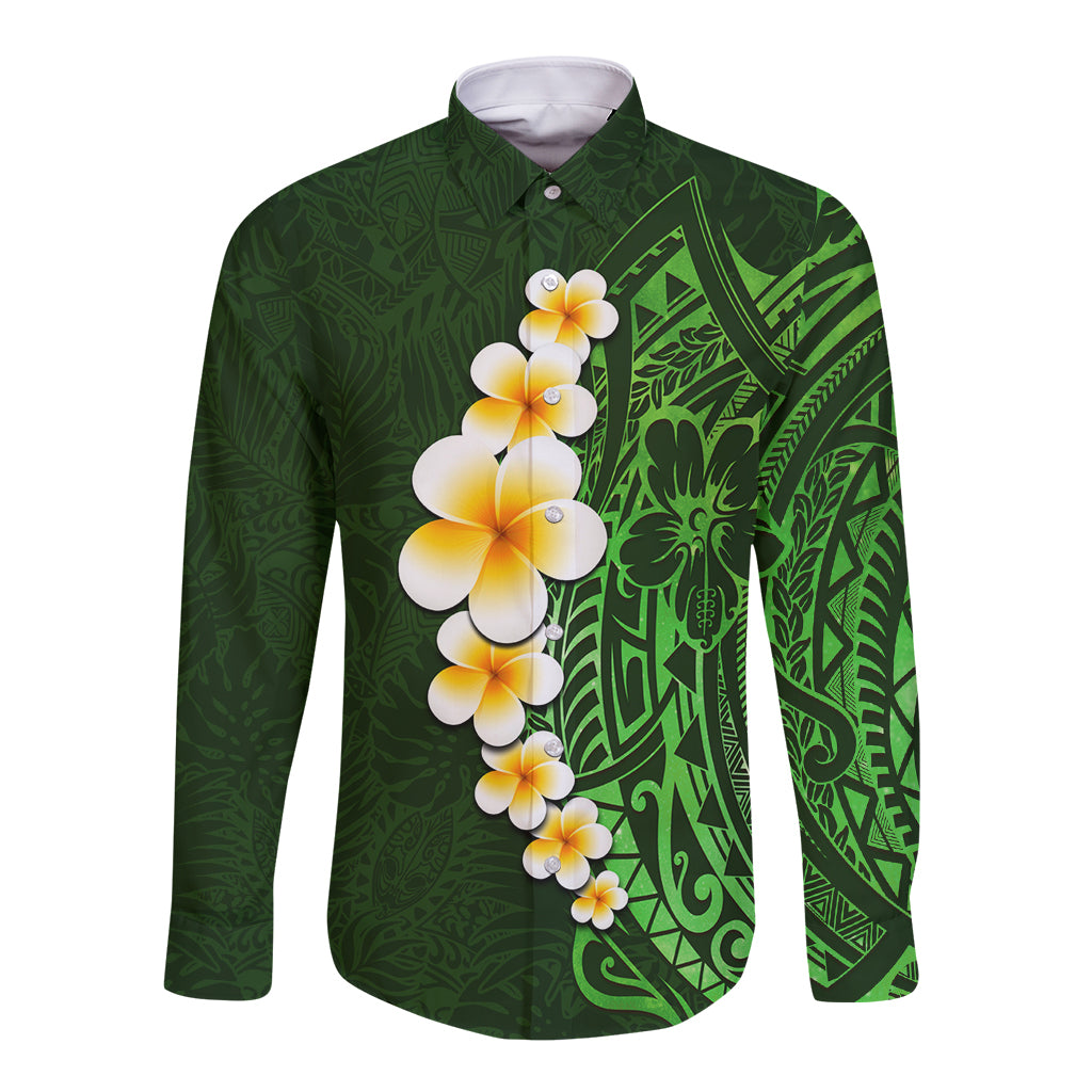Green Polynesia Long Sleeve Button Shirt Plumeria Tropical Leaves With Galaxy Polynesian Art - Wonder Print Shop
