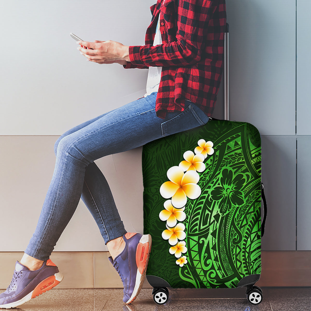 Green Polynesia Luggage Cover Plumeria Tropical Leaves With Galaxy Polynesian Art - Wonder Print Shop