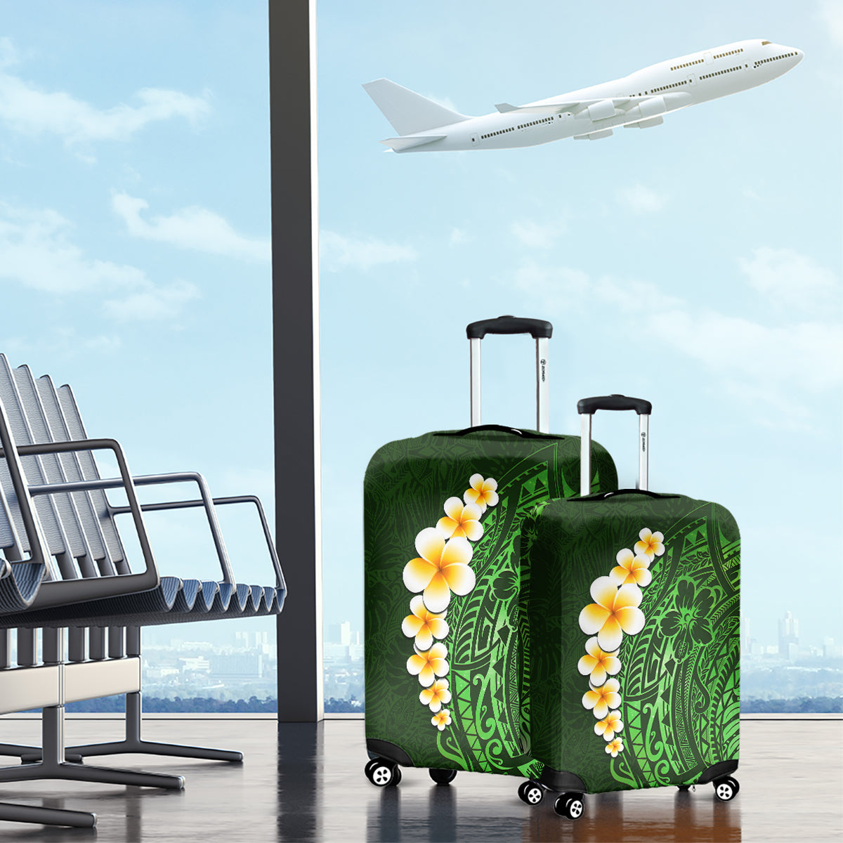 Green Polynesia Luggage Cover Plumeria Tropical Leaves With Galaxy Polynesian Art - Wonder Print Shop