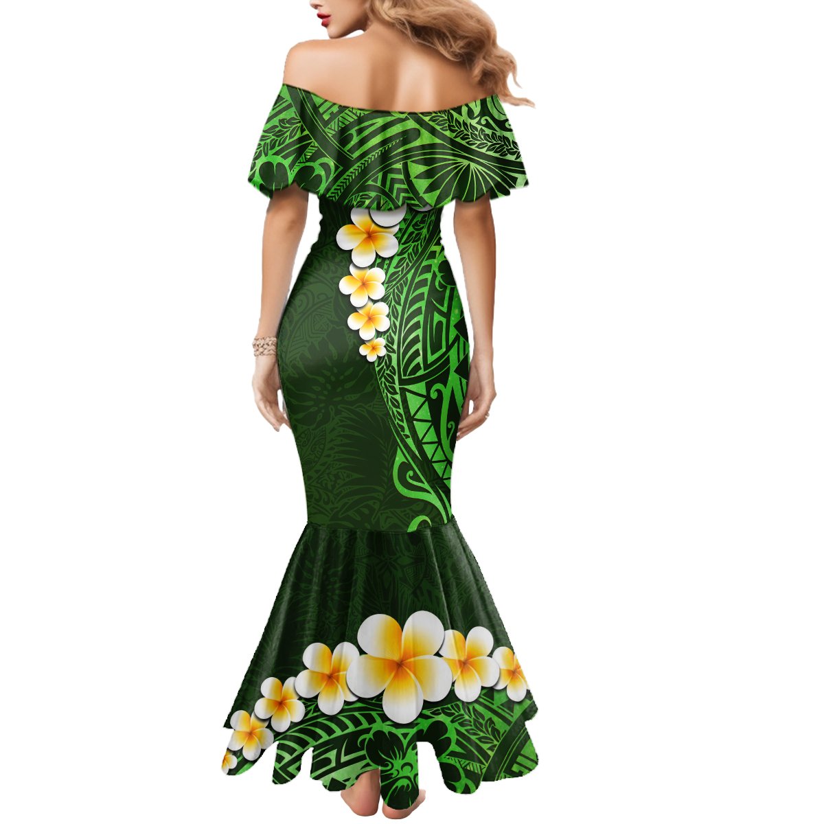 Green Polynesia Mermaid Dress Plumeria Tropical Leaves With Galaxy Polynesian Art - Wonder Print Shop
