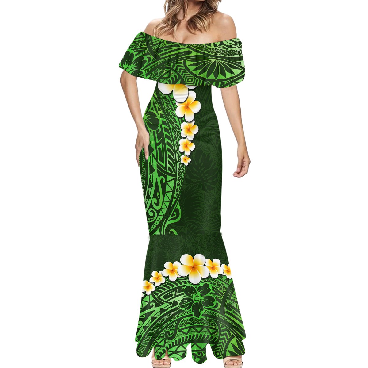 Green Polynesia Mermaid Dress Plumeria Tropical Leaves With Galaxy Polynesian Art - Wonder Print Shop