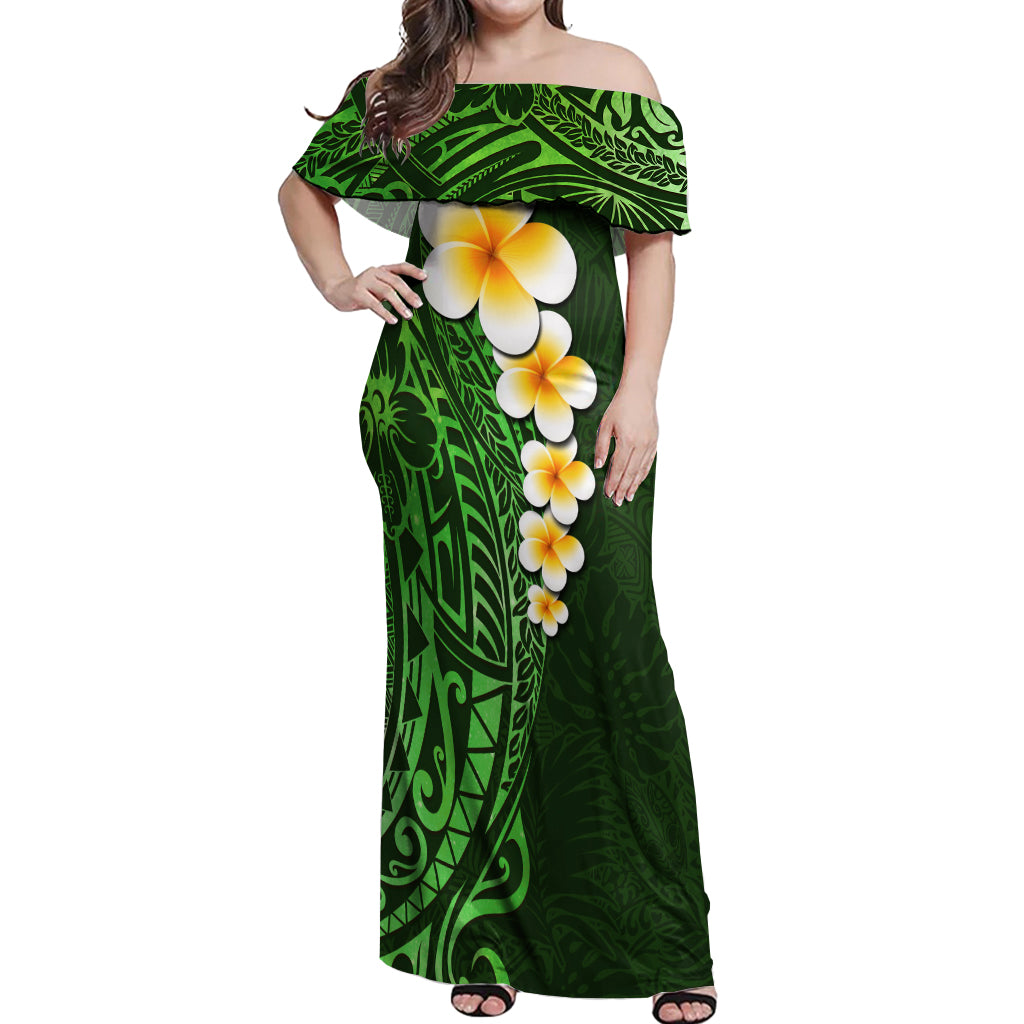 Green Polynesia Off Shoulder Maxi Dress Plumeria Tropical Leaves With Galaxy Polynesian Art - Wonder Print Shop