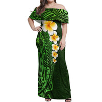 Green Polynesia Off Shoulder Maxi Dress Plumeria Tropical Leaves With Galaxy Polynesian Art - Wonder Print Shop