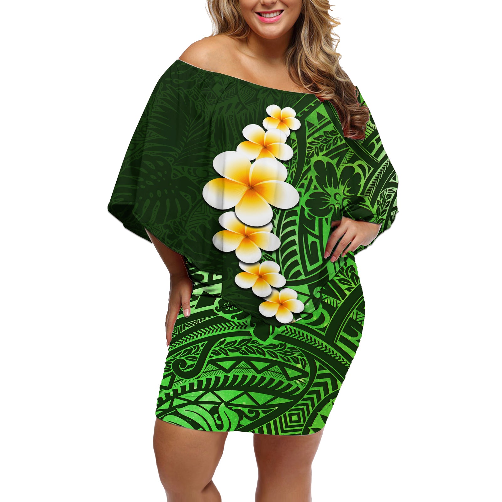 Green Polynesia Off Shoulder Short Dress Plumeria Tropical Leaves With Galaxy Polynesian Art - Wonder Print Shop